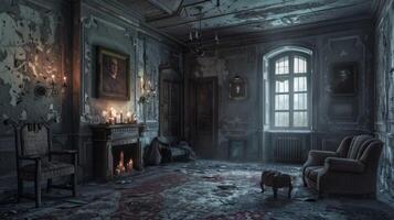 Dark and eerie abandoned room in an ancient building with peeling wallpaper and vintage furniture. Concept of decay, haunted house, rustic interior, dilapidated living space, Halloween photo