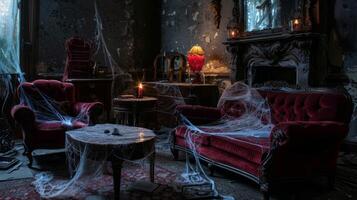 Dark eerie antique living room at night with luxurious velvet furniture and chandelier, set in decayed, semi-ruined, abandoned atmosphere. Concept of haunted mansion, vintage, spooky house, Halloween photo