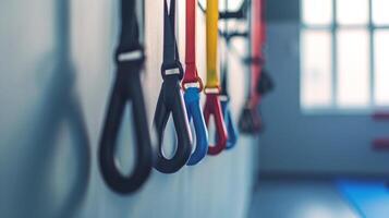 Colorful Resistance Bands Hanging Neatly on Wall in a Gym. Concept of Fitness, Workout Equipment, Exercise, Physical Training photo