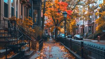 Scenic Urban Street Lined with Trees in Autumn. Concept of fall foliage, serene walkway, city environment, seasonal change photo