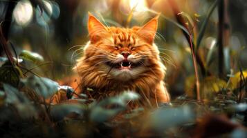 Whimsical smile of an orange tabby cat in a forest setting. Concept of cat expressions, nature, feline happiness, outdoor adventure, funny kitten, Happy Pet photo