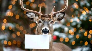 Christmas reindeer with antlers holding a blank white card in a snowy forest. Concept of deer, holiday greetings, winter nature scene. Greeting card, postcard, mockup, invitation, letter. Copy space photo