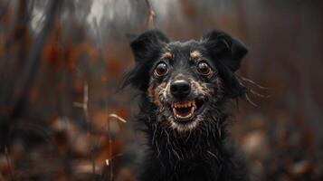 Adorable Black and Tan Dog with Whimsical Smile in Autumn Forest Scene. Concept of Happy Pet, Animal Joy, Outdoor Canine Adventure, funny puppy photo