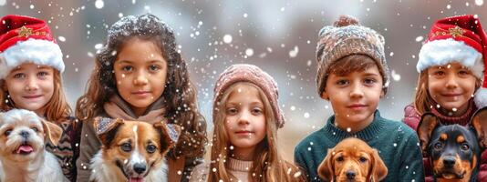 Happy Children with Pets Wearing Winter Clothes and Santa Hats in the Snow. Concept of Festive Kids, Christmas, Pet Companionship, Holiday Joy. Banner photo