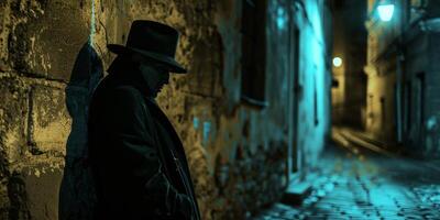 Detective in a Black Coat and Wide-Brim Hat Standing in a Dimly Lit Alley. Concept of mystery, crime investigation, noir style, urban scene, retro style photo