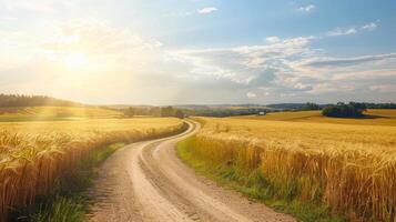 Scenic rural dirt road winding through golden wheat fields under clear blue sky. Concept of countryside, farming landscape, agricultural path, tranquil nature journey photo