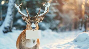 Christmas reindeer with antlers holding a blank white card in a snowy forest. Concept of deer, holiday greetings, winter nature scene. Greeting card, postcard, mockup, invitation, letter. Copy space photo