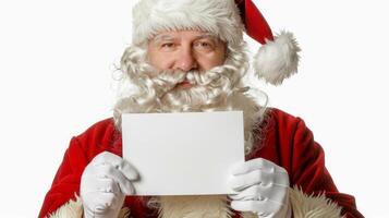 Santa Claus Holding Blank White Card with Happy Smile. Concept of Christmas, Holiday Greetings, Festive Message, Seasonal Celebration. Greeting card, postcard, mockup, invitation, letter. Copy space photo