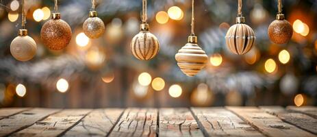 Assorted Christmas Ornaments Hanging from Strings with Blurred Lights in Background. Concept of Holiday Decoration, Festive Season, Home Decor, handmade crafts. Banner. Copy space photo