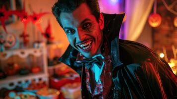 Man Dressed as Vampire Smiling at a Halloween Party. Concept of Costume, Festivity, Celebration, Holiday Spirit photo