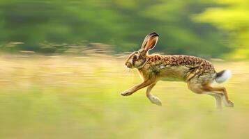 Rabbit Racing Across a Grassy Meadow in a Blurred Motion Background. Concept of Wildlife, Speed, Nature, Animal Behavior, Beauty in Motion, Freeze Frame photo