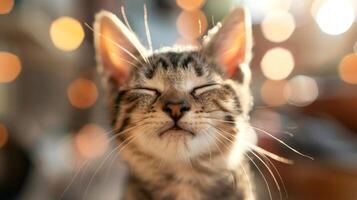 Close-up of a Whimsical, Contented Smiling Cat with Eyes Closed in Sunlight. Concept of Happy Pet, Cat Relaxation, Feline Joy, Serene Companion, funny kitten photo