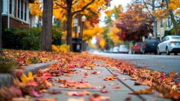 Scenic Urban Street Lined with Trees in Autumn. Concept of fall foliage, serene walkway, city environment, seasonal change photo