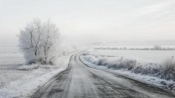 Serene Rural Road Covered in Snow with Frost-Covered Trees. Concept of Winter Landscape, Tranquil Nature, Snowy Countryside, Scenic Road photo