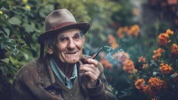Elderly Caucasian male smoking a pipe outdoors in a garden. Concept of senior lifestyle, relaxation, nature, leisure photo
