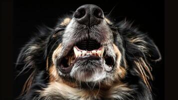 Close-up of a Playful Laughing Dog with its Teeth Visible on a Black Background. Concept of Pet Joy, Furry Friend Amusement, Canine Happiness, Funny Puppy photo