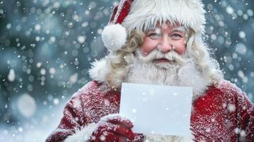 Smiling Santa Claus Holding Blank White Card in Snowy Background. Concept of Christmas, Holiday Greetings, Winter Festivity. Greeting card, postcard, mockup, invitation, letter. Copy space photo