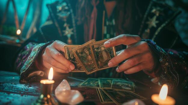 Mysterious Fortune Teller Shuffling Tarot Cards in a Candlelit Setting. Concept of Divination, Spirituality, Mysticism, Occult Practices photo