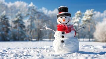 Snowman with a Red Scarf Standing in a Snowy Field on a Sunny Winter Day. Concept of Winter, Christmas, Snow, Frosty Weather, Seasonal Fun photo
