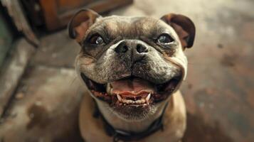 Happy smiling brown pit bull dog with open mouth and nose close-up. Concepts of joyful pet, canine happiness, outdoor adventure, friendly animal, funny puppy photo
