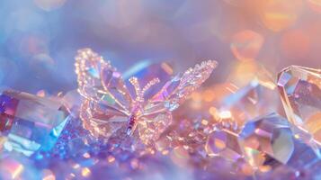 Close-up of a Crystal Butterfly Resting on a Flower. Concepts of Crystal Art, Butterfly Design, Insect Decor, Nature-Inspired Craft. Festive background. Copy space photo