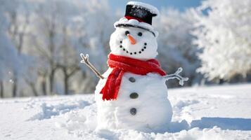 Snowman with a Red Scarf Standing in a Snowy Field on a Sunny Winter Day. Concept of Winter, Christmas, Snow, Frosty Weather, Seasonal Fun photo