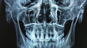 Close-up X-ray Image of a Human Skull with Teeth. Concept of medical imagery, anatomy, head examination, healthcare diagnostics photo