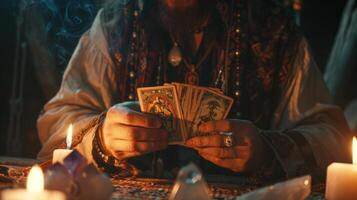 Mysterious Fortune Teller Shuffling Tarot Cards in a Candlelit Setting. Concept of Divination, Spirituality, Mysticism, Occult Practices photo