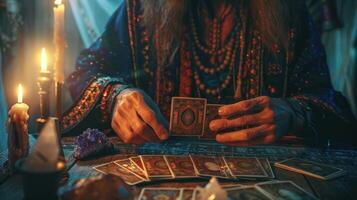 Mysterious Fortune Teller Shuffling Tarot Cards in a Candlelit Setting. Concept of Divination, Spirituality, Mysticism, Occult Practices photo