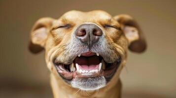 Happy smiling brown pit bull dog with open mouth and nose close-up. Concepts of joyful pet, canine happiness, outdoor adventure, friendly animal, funny puppy photo