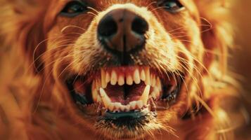 Close-Up of a Golden Retriever Showing Teeth in the Sunlight. Concept of dog behavior, canine expression, animal emotions, pet care, Funny Puppy, smiling dog photo