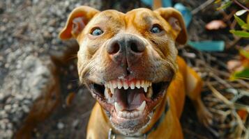 Happy smiling brown pit bull dog with open mouth and nose close-up. Concepts of joyful pet, canine happiness, outdoor adventure, friendly animal, funny puppy photo