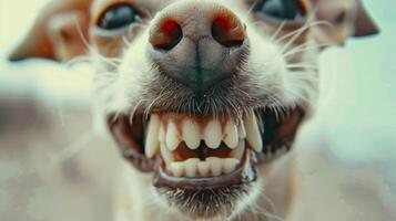 Happy smiling brown pit bull dog with open mouth and nose close-up. Concepts of joyful pet, canine happiness, outdoor adventure, friendly animal, funny puppy photo