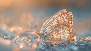 Close-up of crystal butterfly resting on sparkling ice crystals with soft bokeh background. Butterfly wings shimmer, creating magical effect. Concept of beauty, fragility, nature, elegance photo