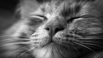 Close-up Black and White Photo of a Sleeping Cat with Whiskers. Concept of Relaxation, Pets, Feline Tranquility, Animal Companionship, funny kitten