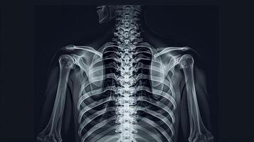 X-ray showing human thoracic skeleton and rib cage. Concept of medical imaging, bones structure, healthcare diagnostics, skeletal anatomy photo
