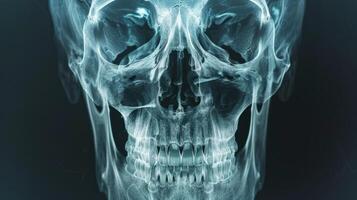 Close-up X-ray Image of a Human Skull with Teeth. Concept of medical imagery, anatomy, head examination, healthcare diagnostics photo