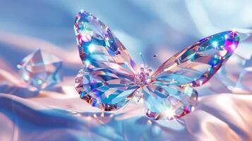 Crystal butterfly with vibrant iridescent colors on a soft pastel background. Concept of beauty in nature, delicate designs, iridescence, and elegance photo