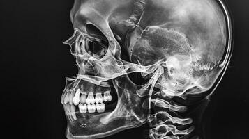 Detailed X-Ray Image of a Human Skull Showing Bones and Teeth on a Dark Background. Concept of Medical Imaging, Anatomy, Skeletal Structure photo