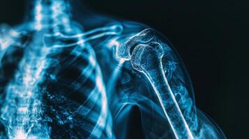 Detailed High-Resolution X-ray Image of Human Shoulder Joint and Rib Cage. Concept of Human Anatomy, Medical Imaging, Bone Structure, Orthopedics, scanning photo