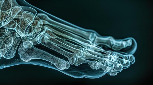 X-ray image of a human foot highlighting the detailed bone structure and metatarsal bones. Concept of medical diagnostics, skeletal analysis, foot anatomy, and healthcare visualization photo