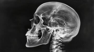 Detailed X-Ray Image of a Human Skull Showing Bones and Teeth on a Dark Background. Concept of Medical Imaging, Anatomy, Skeletal Structure photo