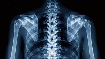 X-Ray Image of Human Thoracic Skeleton Featuring Spine and Shoulder Bones. Concept of Medical Imaging, Anatomy Study, Health Diagnostics photo
