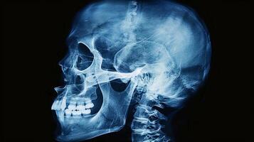 Detailed X-Ray Image of a Human Skull Showing Bones and Teeth on a Dark Background. Concept of Medical Imaging, Anatomy, Skeletal Structure photo