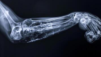 Intricate X-Ray Image of a Human Elbow Joint Highlighting Bone Structure and Details. Concept of Human Anatomy, Medical Analysis, Skeletal Study, Orthopedic Examination photo