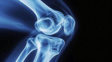 Detailed X-ray Image of a Human Knee Joint with Bone and Ligament Structures. Concept of Medical Imaging, Anatomy Study, Orthopedics, Skeletal System photo