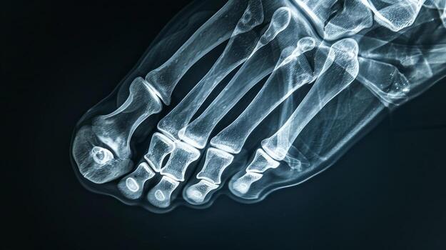 X-ray image of a human foot highlighting the detailed bone structure and metatarsal bones. Concept of medical diagnostics, skeletal analysis, foot anatomy, and healthcare visualization photo