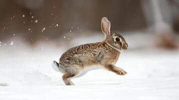 Dynamic Photo of a Rabbit Racing Through a Snowy Meadow. Concept of Speed, Wildlife, Winter, Nature, Beauty in Motion, Freeze Frame