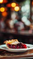 Slice of Cherry Pie with a Flaky Crust on a White Plate in a Cozy Cafe. Concept of Dessert, Comfort Food, Home Baking, restaurant Atmosphere. Vertical photo