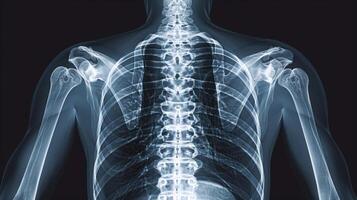 X-ray image of a human torso showing the skeletal structure of the ribcage and spine. Concept of medical examination, human anatomy, radiography, health care photo
